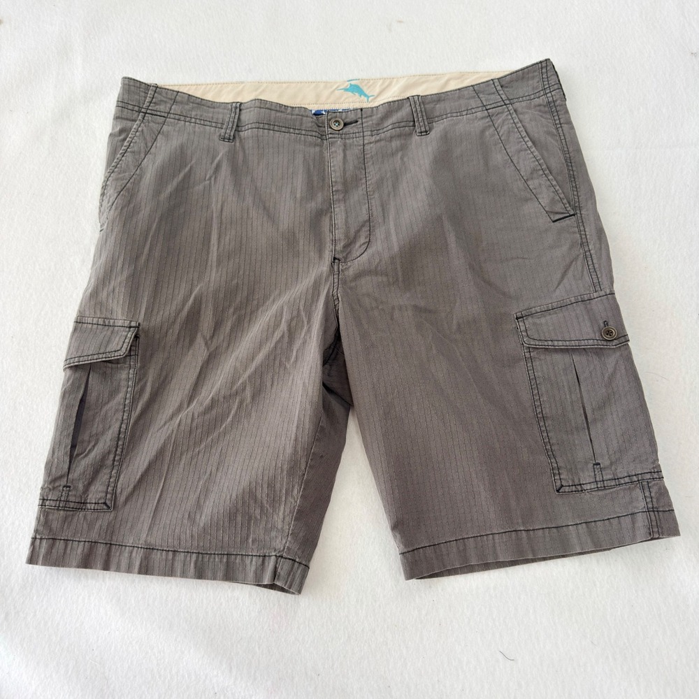 Tommy Bahama Mens 42 Gray Striped Cargo Shorts Cotton Tencel Stretch Casual